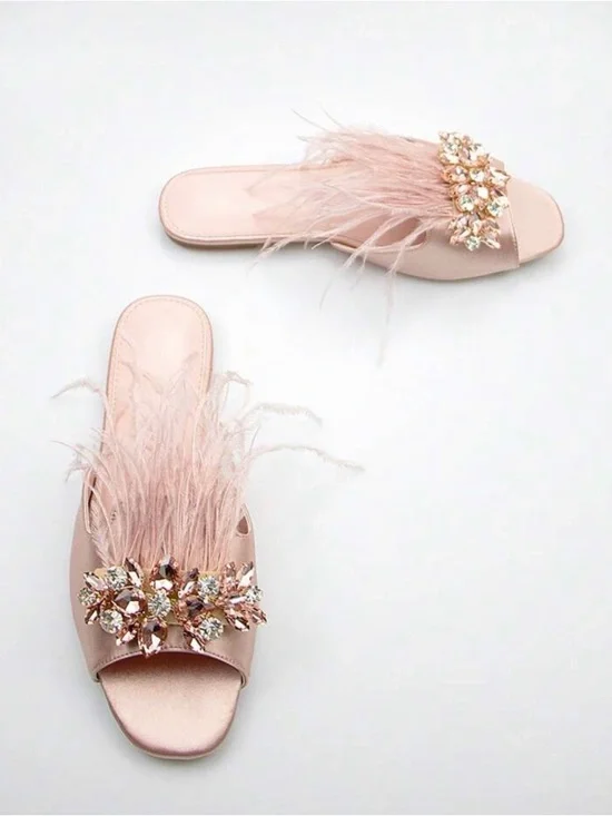 Embellished Feather Slide Sandals in Blush Pink - Picture 2 of 2